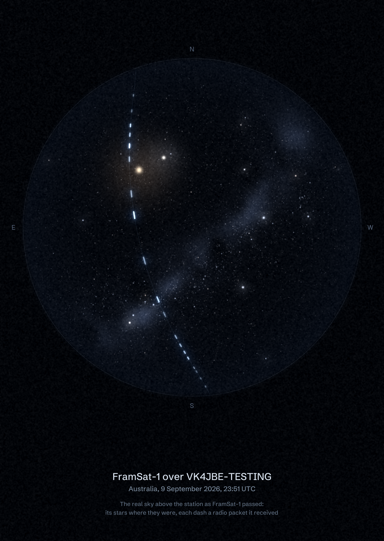 The sky over VK4JBE-TESTING in Australia as FramSat-1 passed, with each radio packet the station received drawn as a dash of light