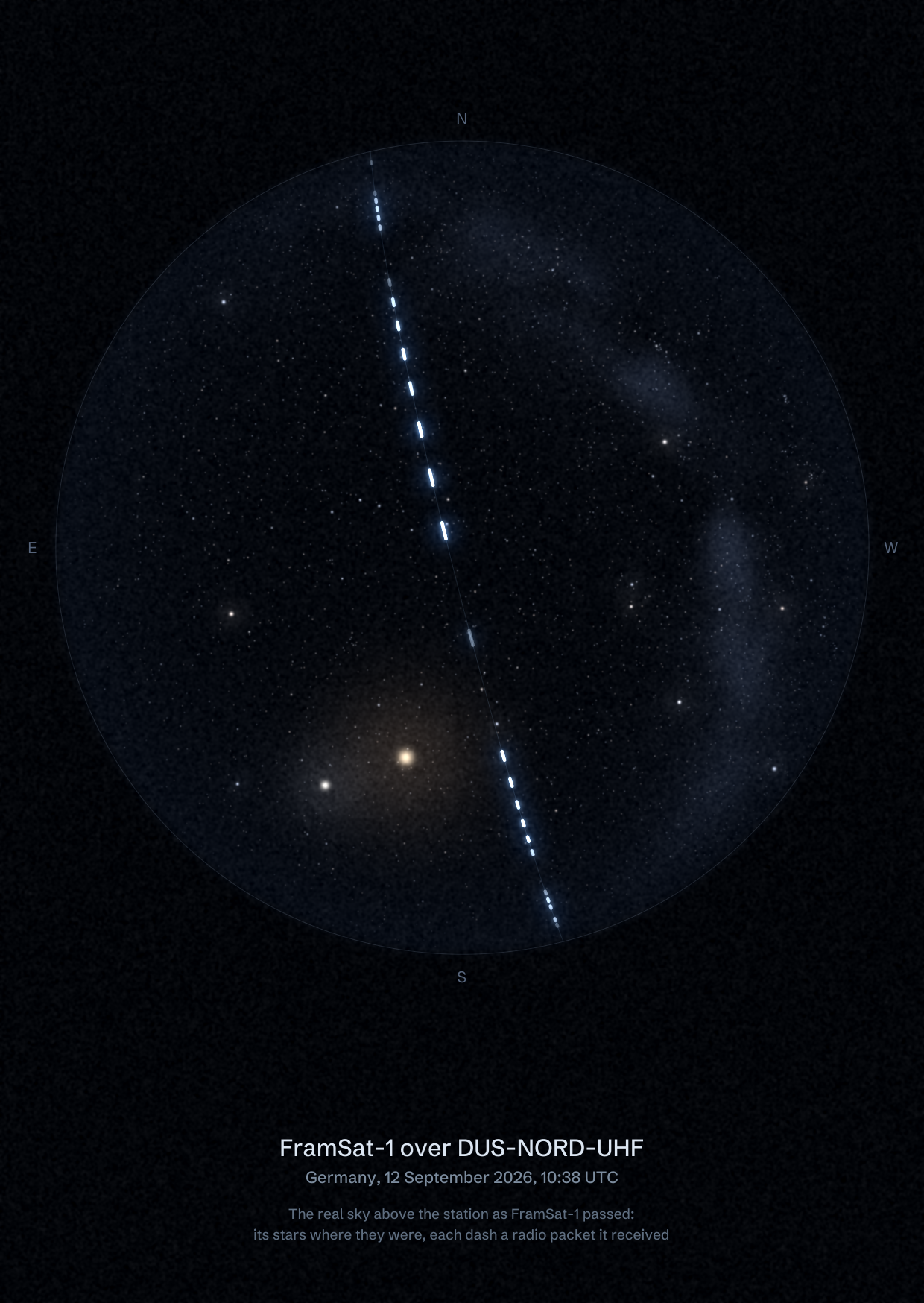 The sky over DUS-NORD-UHF in Germany as FramSat-1 passed, with each radio packet the station received drawn as a dash of light