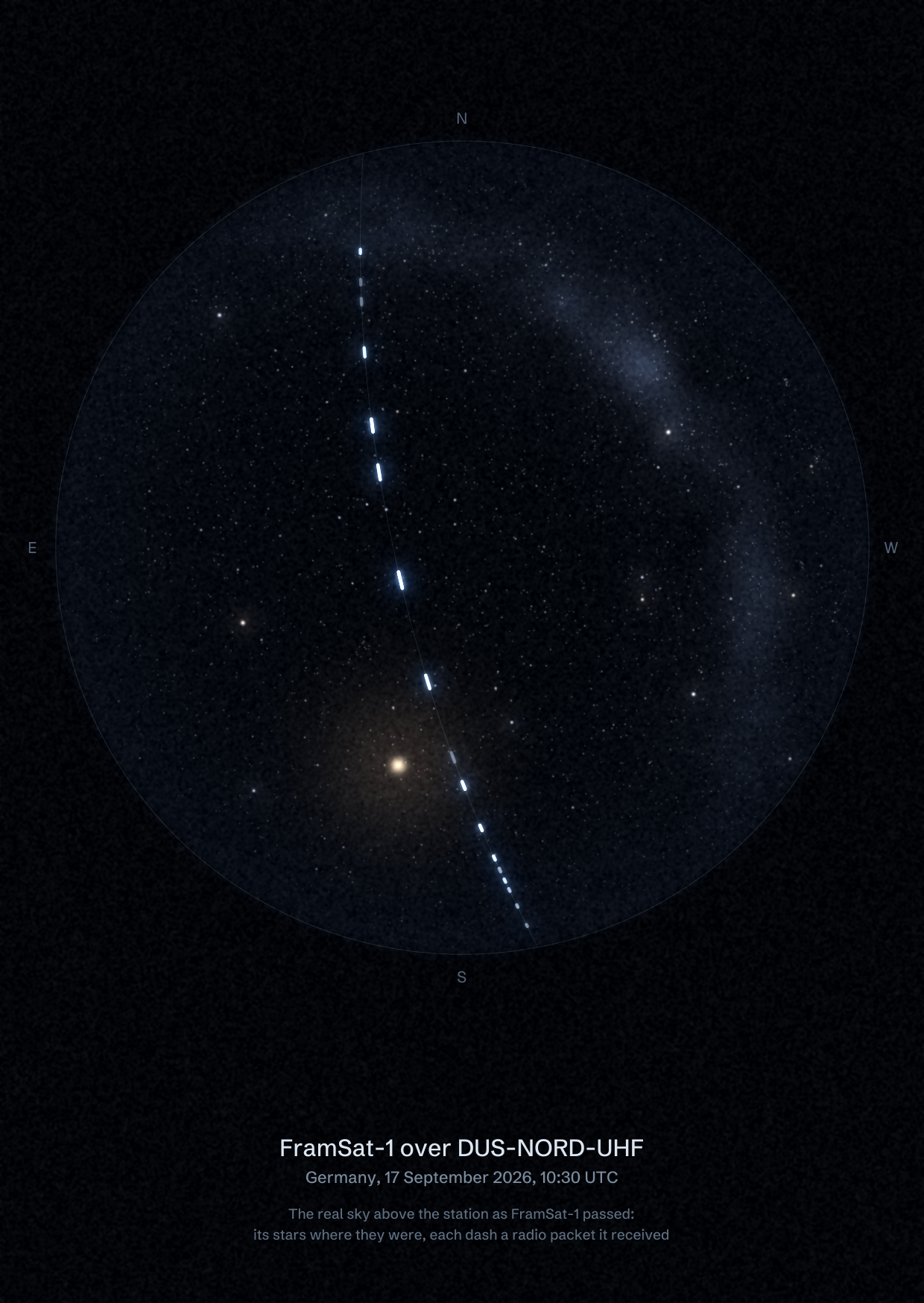 The sky over DUS-NORD-UHF in Germany as FramSat-1 passed, with each radio packet the station received drawn as a dash of light