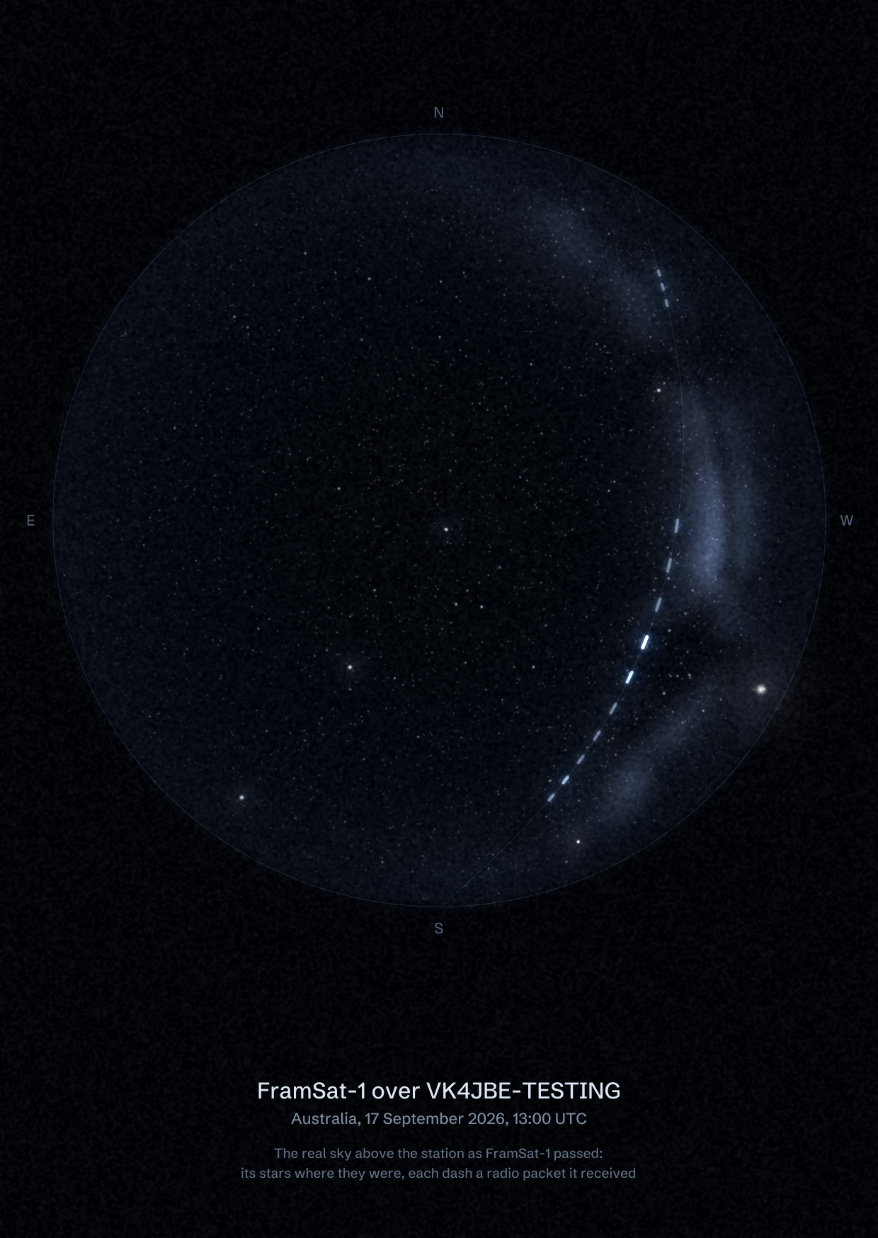 The sky over VK4JBE-TESTING in Australia as FramSat-1 passed, with each radio packet the station received drawn as a dash of light