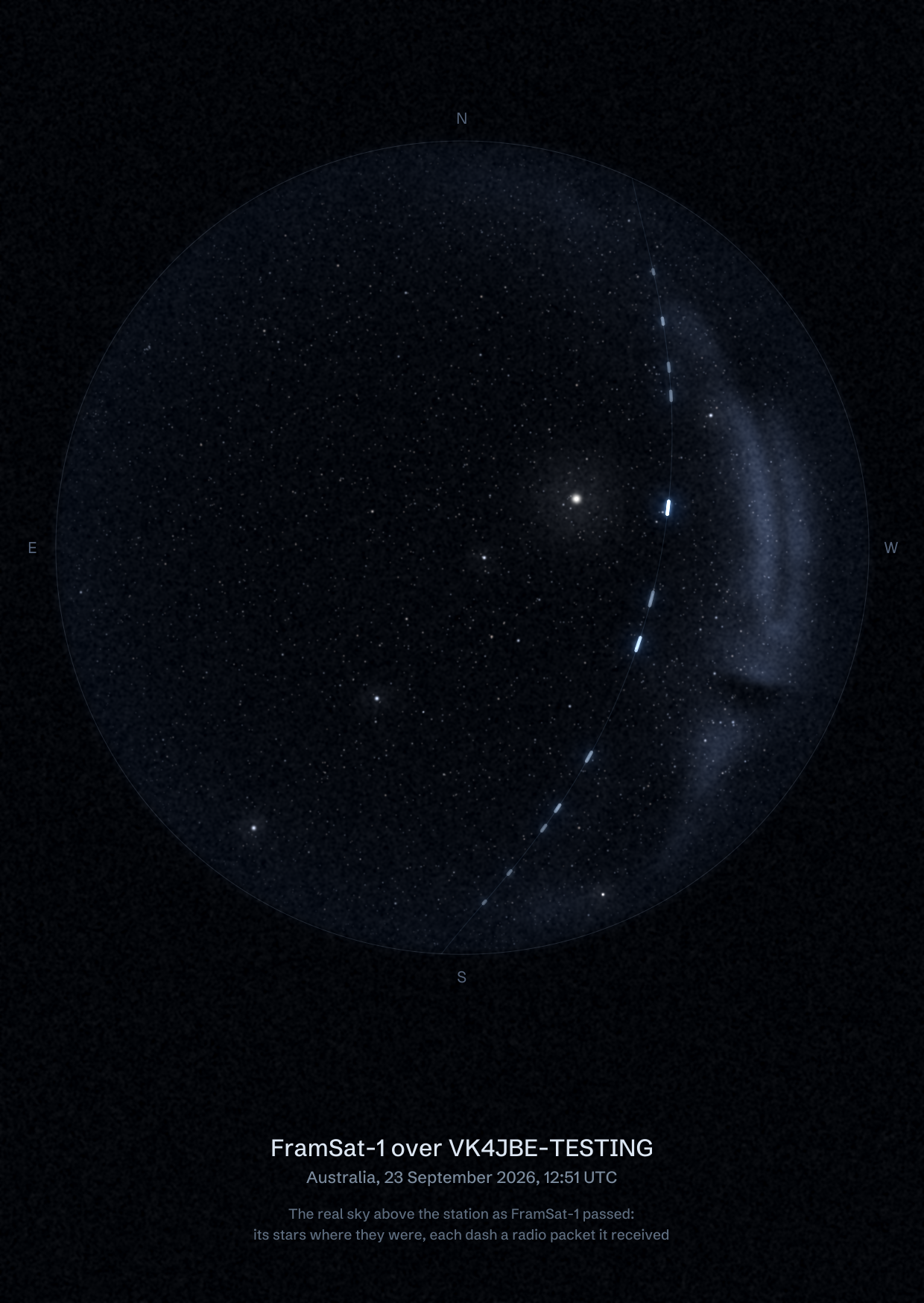 The sky over VK4JBE-TESTING in Australia as FramSat-1 passed, with each radio packet the station received drawn as a dash of light