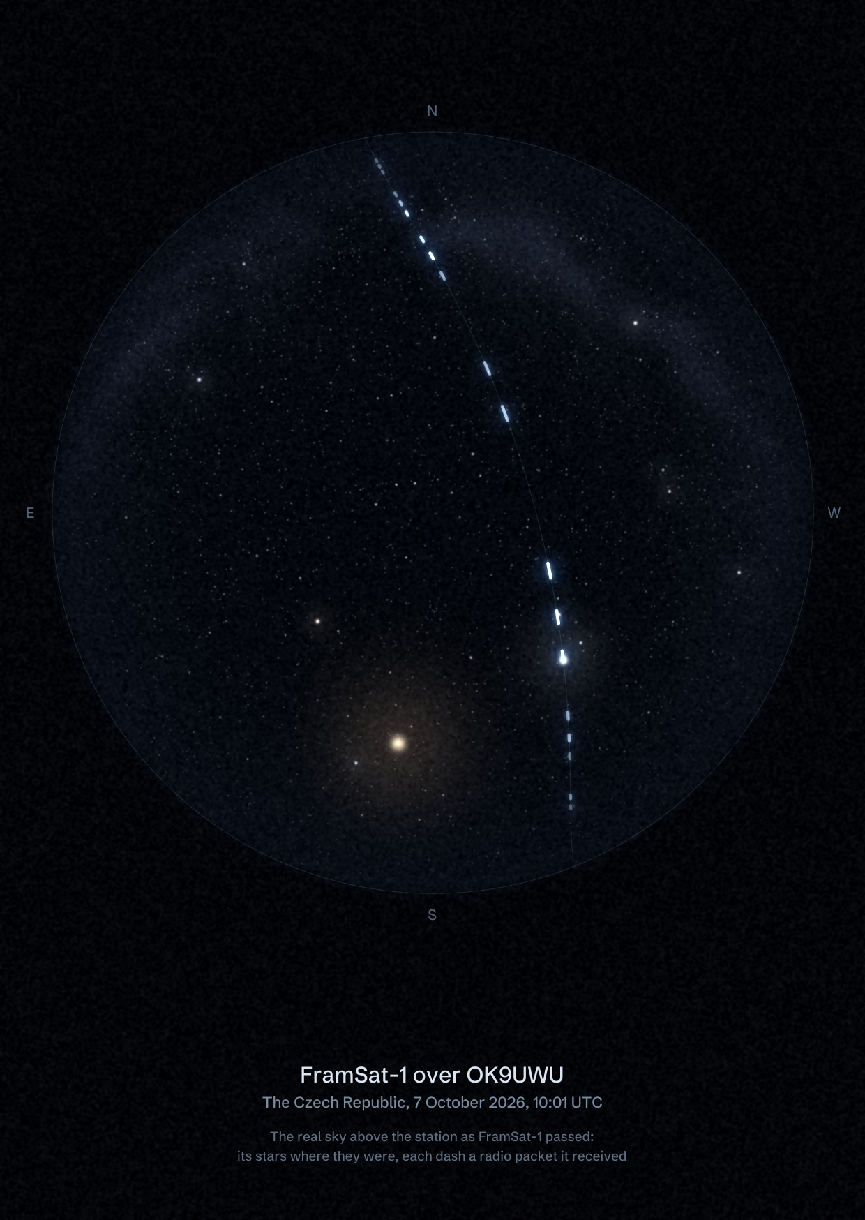 The sky over OK9UWU in the Czech Republic as FramSat-1 passed, with each radio packet the station received drawn as a dash of light