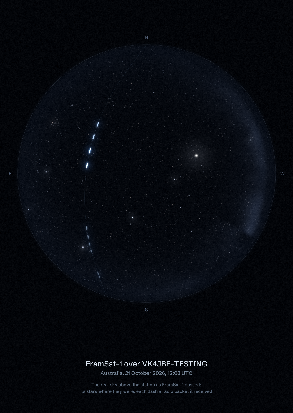 The sky over VK4JBE-TESTING in Australia as FramSat-1 passed, with each radio packet the station received drawn as a dash of light